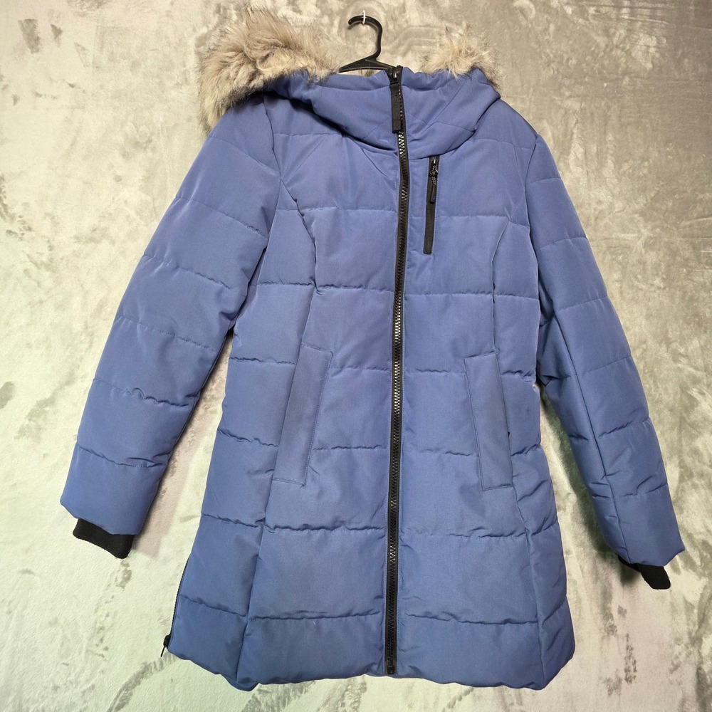 Nautica Womens Blue Puffer Coat Faux Fur Hood Water Resistant Parka Small